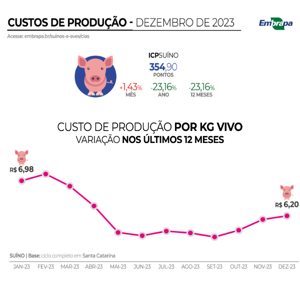 Custos de produção encerram 2023 em R$ 6,20 por quilo vivo de suíno 