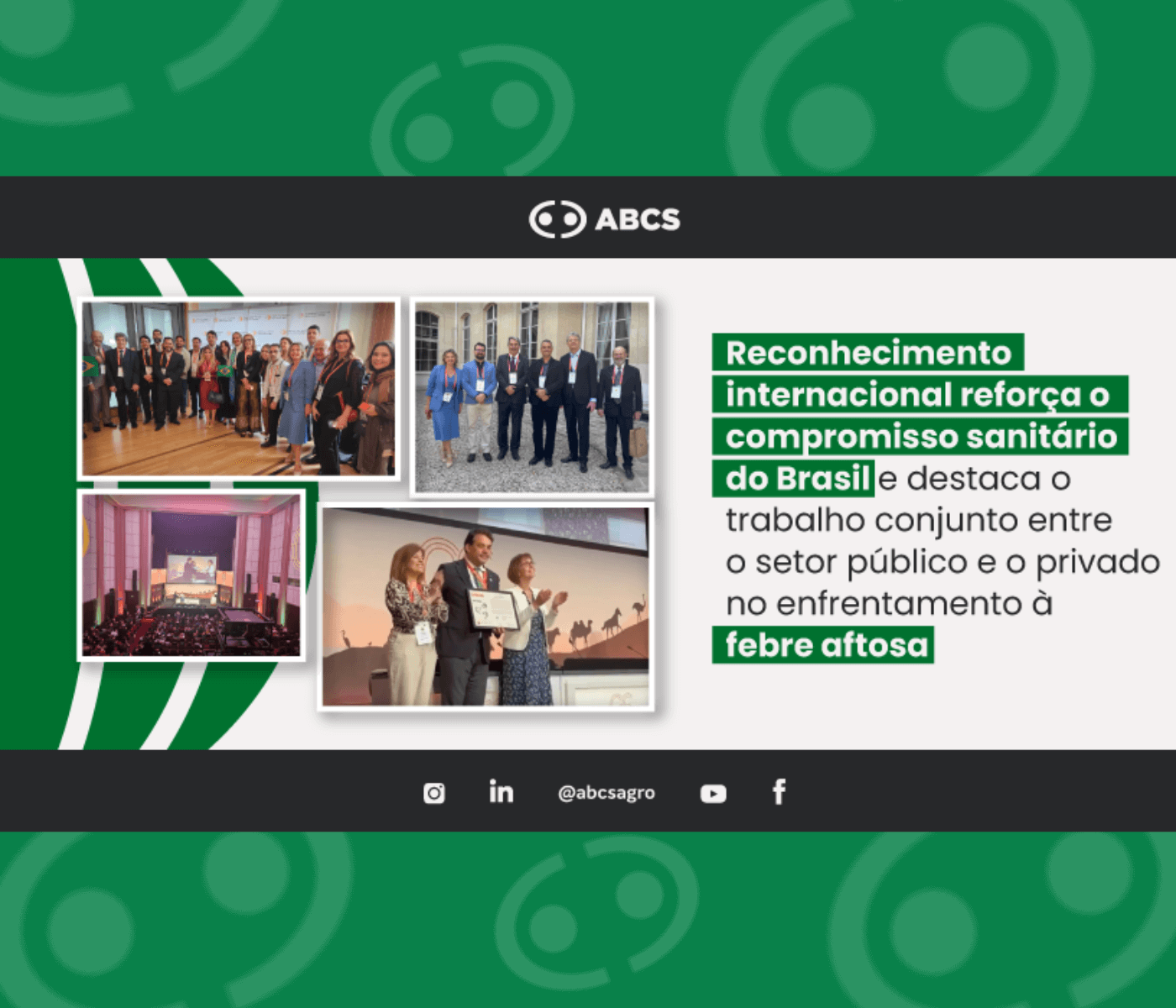 Reconhecimento internacional reforça o compromisso sanitário do Brasil e destaca o trabalho conjunto entre o setor público e o privado no enfrentamento à febre aftosa