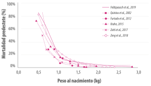 Gráfica 2. Impacto del peso al nacimiento de los lechones en la tasa de
mortalidad antes del destete.